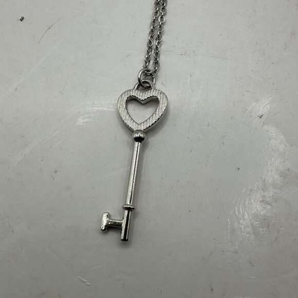 Heart Key Pendant Necklace With Rhinestones & Lobster Clasp On Silver-Tone Chain - Picture 2 of 4